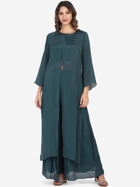 

BOMBAY SELECTIONS Women Blue High Slit Beads and Stones Silk Georgette Kurti with Palazzos