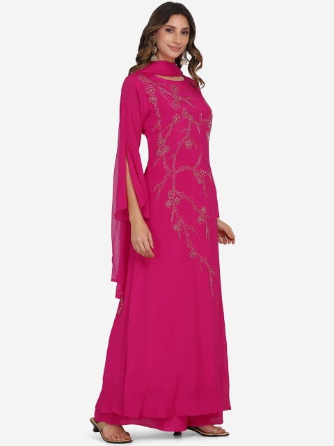 

BOMBAY SELECTIONS Women Pink High Slit Silk Georgette Kurta with Trousers