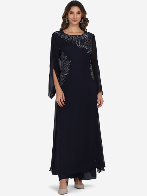 

BOMBAY SELECTIONS Women Navy Blue Beads and Stones Kurta with Palazzos & With Dupatta