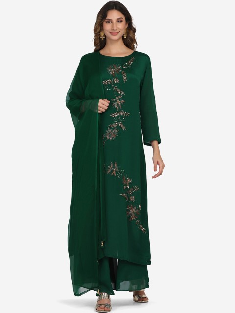 

BOMBAY SELECTIONS Women Green Floral Embroidered Silk Georgette Kurta with Palazzos