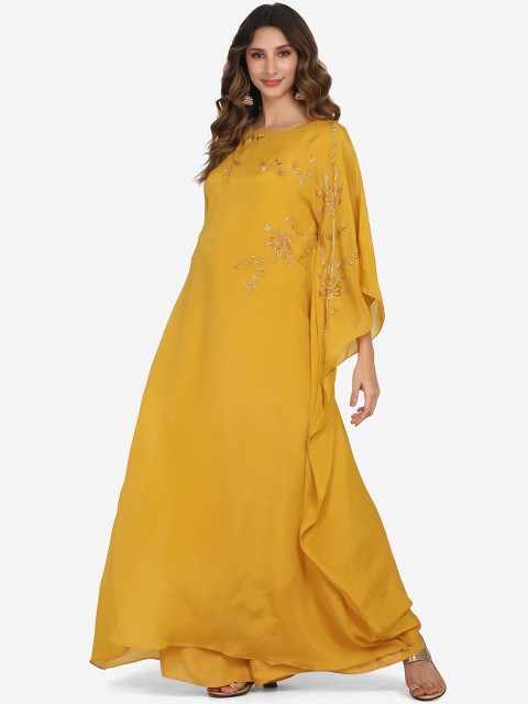 

BOMBAY SELECTIONS Women Yellow Floral Layered Silk Georgette Kurta with Palazzos