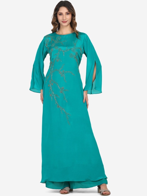 

BOMBAY SELECTIONS Women Green Embroidered Silk Georgette Kurta with Palazzos & With Dupatta