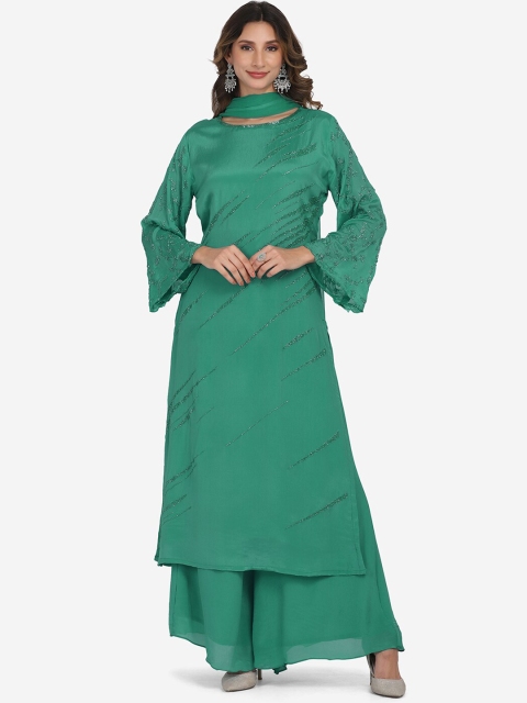 

BOMBAY SELECTIONS Women Sea Green Embroidered Kurti with Palazzos & With Dupatta