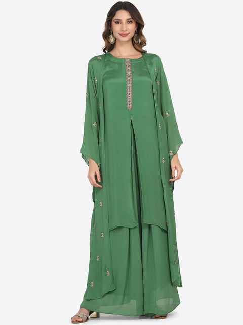 

BOMBAY SELECTIONS Women Green Floral Embroidered Thread Work Kurta with Palazzos & With Dupatta