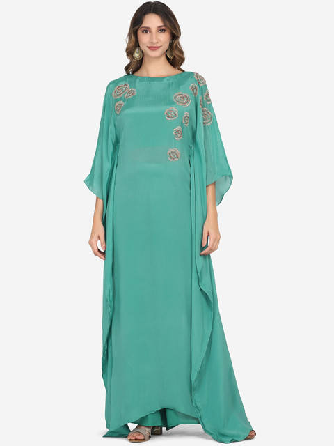 

BOMBAY SELECTIONS Women Sea Green Embroidered Dupion Silk Kurta with Palazzos