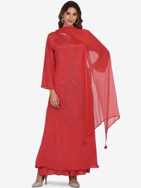 

BOMBAY SELECTIONS Women Red Beads and Stones Silk Georgette Kurta with Palazzos