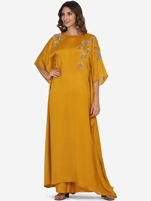 

BOMBAY SELECTIONS Women Mustard Yellow Layered Dupion Silk Kurta with Palazzos