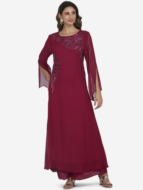 

BOMBAY SELECTIONS Women Burgundy Ethnic Motifs Embroidered Empire Sequinned Kurta with Palazzos & With
