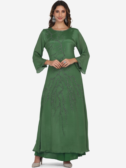 

BOMBAY SELECTIONS Women Green Embroidered Silk Georgette Kurta with Sharara