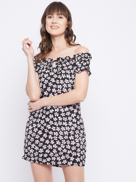 

STALK Black & Off White Floral Off-Shoulder Crepe A-Line Mini Dress