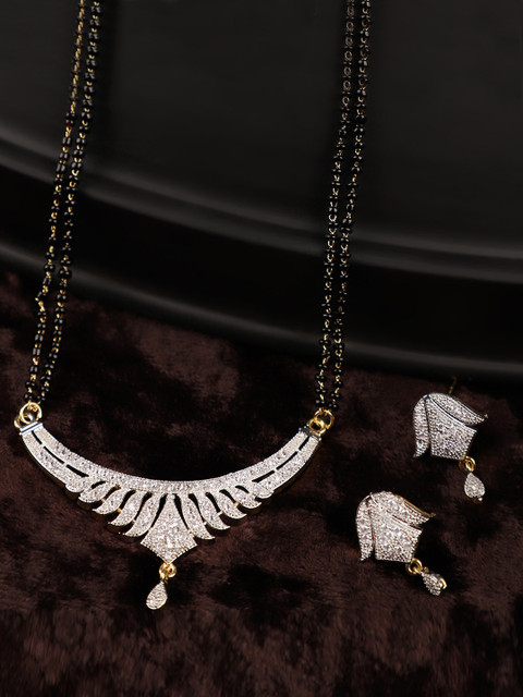 

ANIKAS CREATION Woman Gold-Plated Black Beaded Mangalsutra With Earrings
