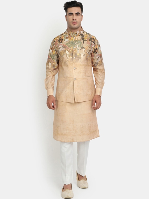 

HOB Men Khaki Ethnic Motifs Kurta with Churidar & Nehru Jacket