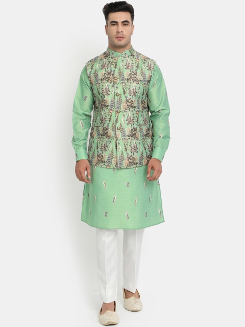 

HOB Men Green & White Embroidered Kurta Set with Mask