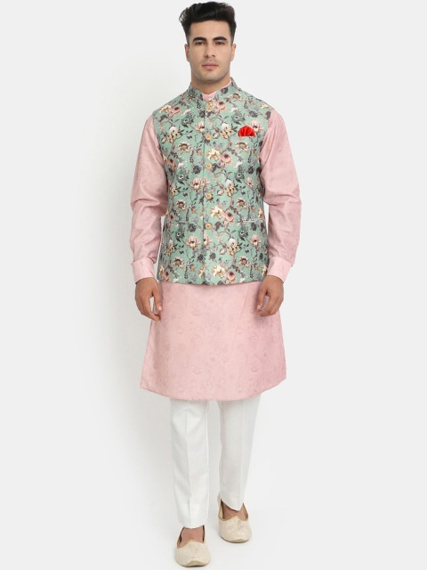 

HOB Men Sea Green Kurta with Pyjamas & Nehru Jacket, Mask