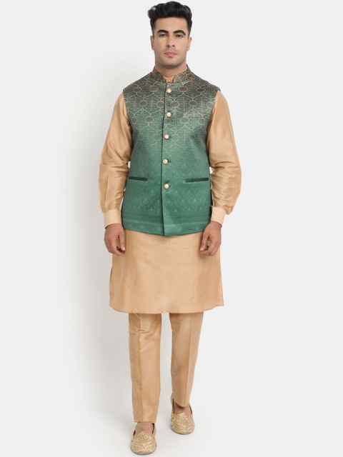 

HOB Men Beige Kurta with Pyjamas & Nehru Jacket