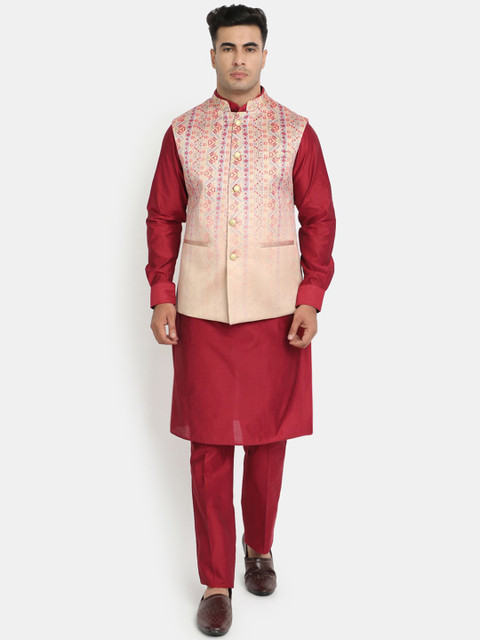 

HOB Men Maroon & Beige Kurta with Trouser & Nehru Jacket