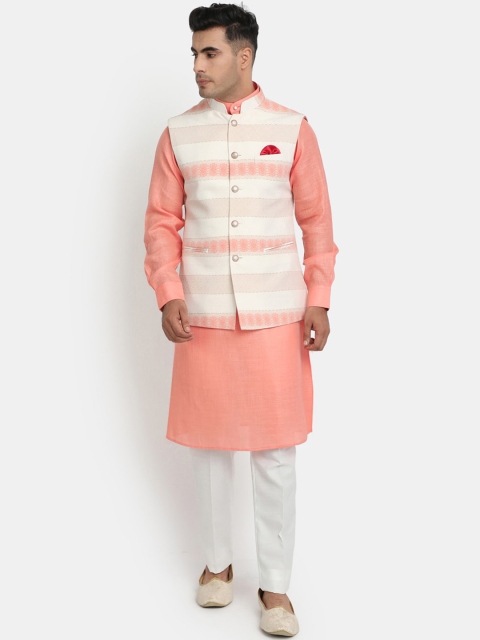 

HOB Men Orange Kurta with Trousers & Nehru Jacket