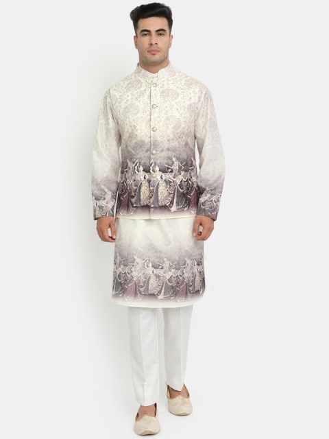 

HOB Men Cream-Coloured Floral Printed Kurta with Pyjamas