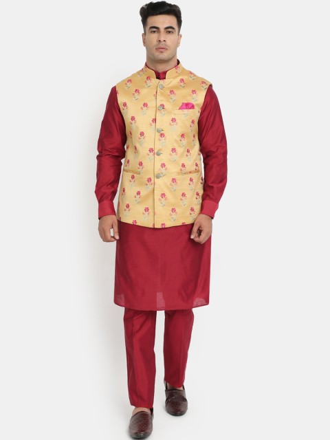 

HOB Men Gold-Toned & Maroon Kurta With Pyjamas & Nehru Jacket