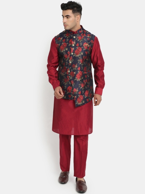

HOB Men Maroon Kurta with Pyjamas With Nehru Jacket