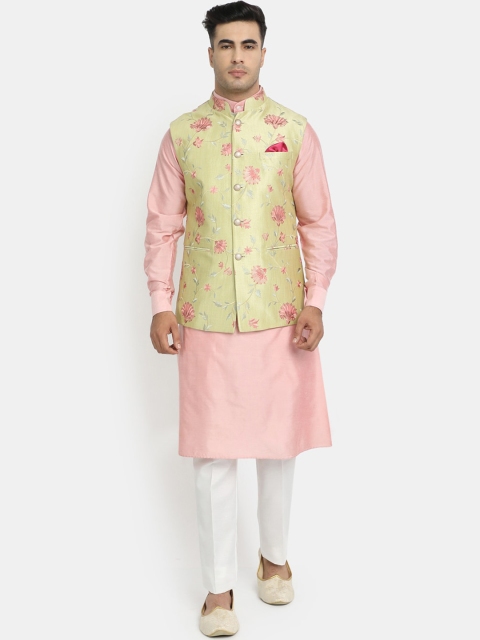 

HOB Men Green & Pink Embroidered Kurta with Pyjamas & Nehru Jacket