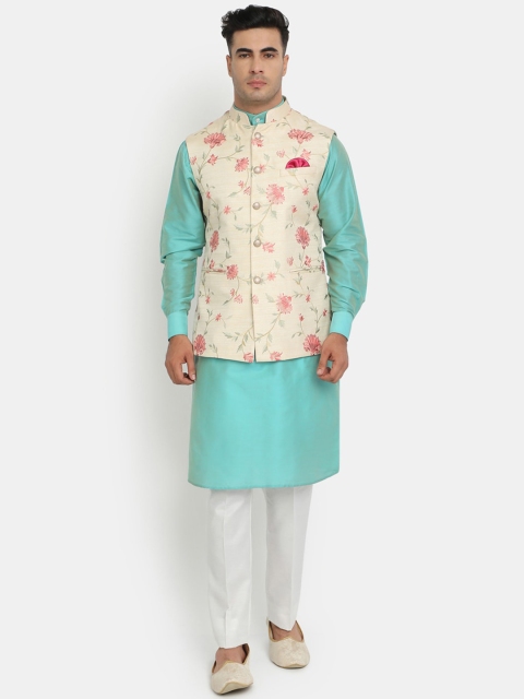 

HOB Men Turquoise Blue Kurta with Trousers & Jacket