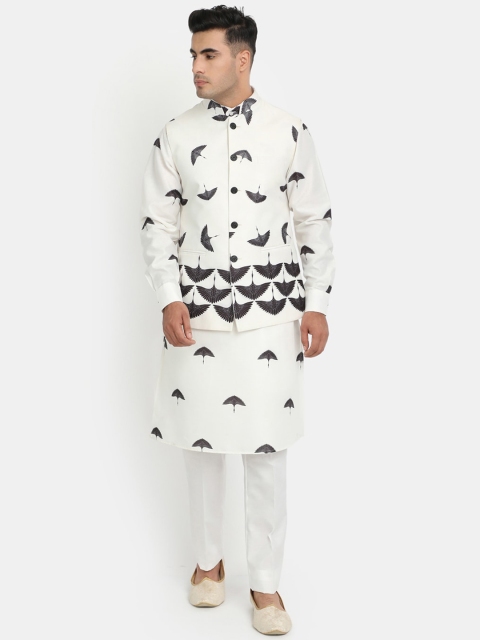 

HOB Men Off White Printed Empire Kurta with Trousers & Nehru Jacket