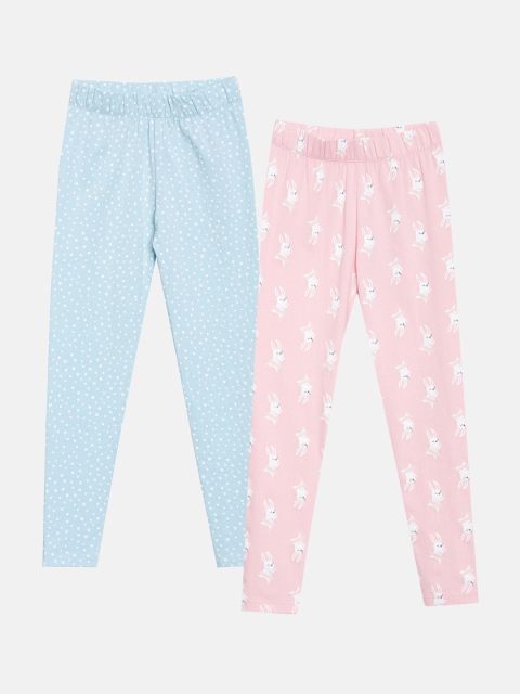 

YK Girls Pack of 2 Pink & Blue Printed Lycra Cotton Lycra Leggings