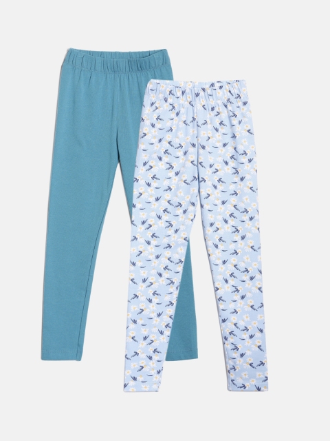 

YK Girls Pack Of 2 Ankle Length Lycra Cotton Lycra Leggings, Turquoise blue