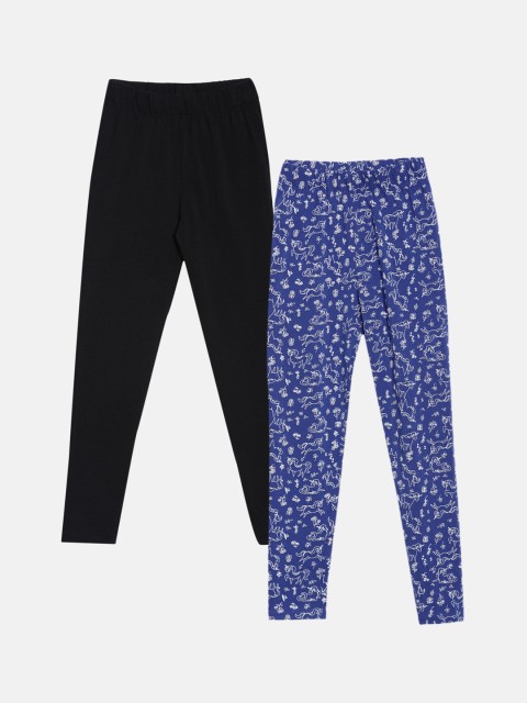 

YK Girls Pack Of 2 Blue Printed Lycra Cotton Lycra Leggings, Black