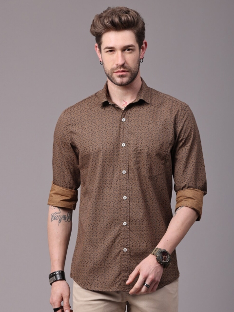 

FOGA Men Brown Slim Fit Printed Casual Cotton Shirt