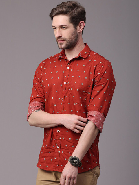 

FOGA Men Rust Slim Fit Floral Printed Pure Cotton Casual Shirt