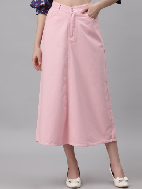 

River Of Design Jeans Women Pink Solid Pure Cotton Denim A-Line Maxi Skirt