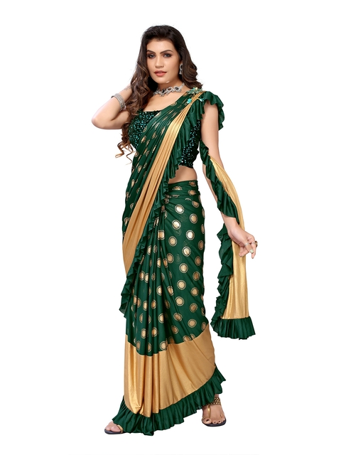 

Viva N Diva Green & Gold Ethnic Motifs Zari Ready to Wear Ruffled Saree