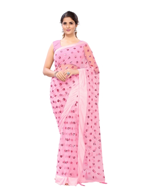 

Nimayaa Pink Ethnic Motifs Sequinned Net Saree