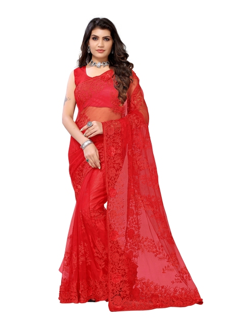 

Viva N Diva Red Floral Beads and Stones Net Saree