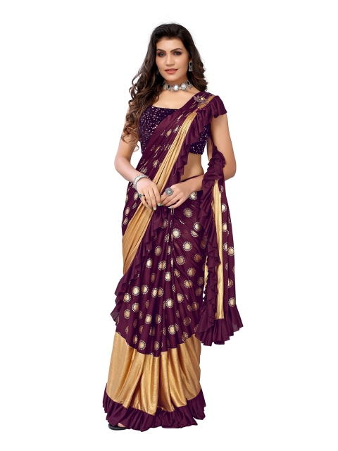 

Viva N Diva Burgundy & Beige Foil Printed Sequinned Ready to Wear Saree