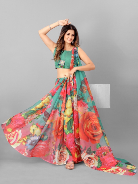 

SHOPGARB Green & Peach-Coloured Floral Organza Saree