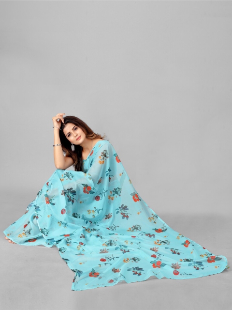 

SHOPGARB Blue & Red Floral Printed Organza Saree