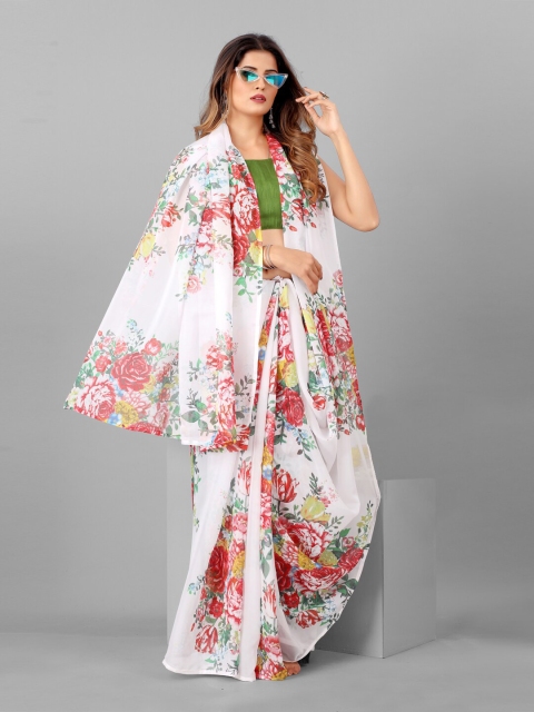 

SHOPGARB White & Green Floral Organza Saree