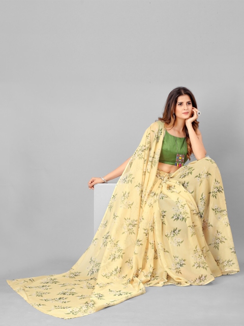 

SHOPGARB Cream-Coloured & Green Floral Organza Saree