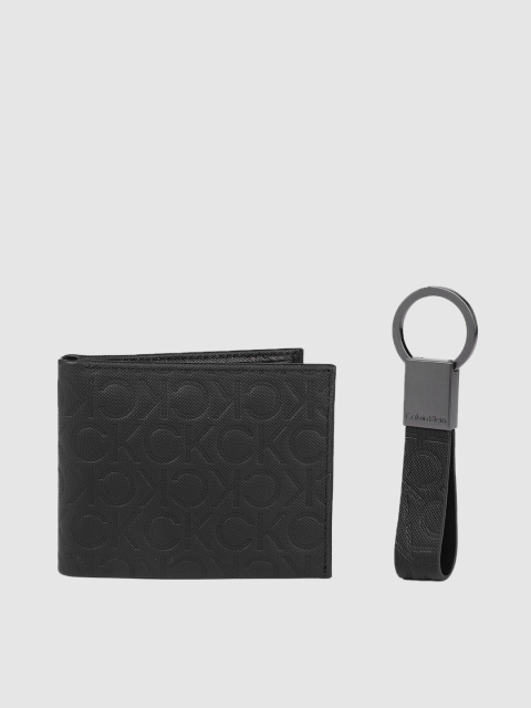 

Calvin Klein Men Black Typography Textured Leather Two Fold Wallet & Keyfob