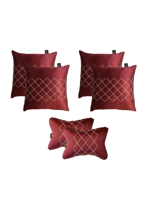 

Lushomes Set Of 6 Maroon & Off-White Embroidered Car Pillows