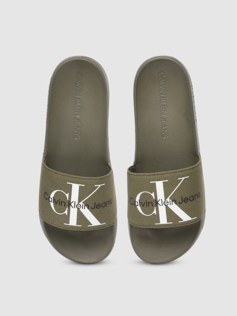 

Calvin Klein Men Olive Green Fabric Printed Sliders