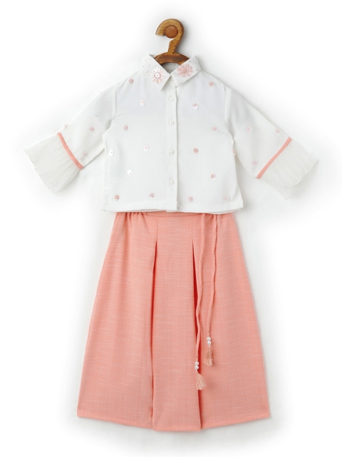 

TIC TAC TOE Girls Peach-Coloured & White Embellished Top with Skirt