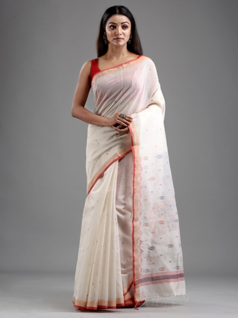 

Mitera Cream-Coloured & Red Floral Zari Silk Cotton Saree