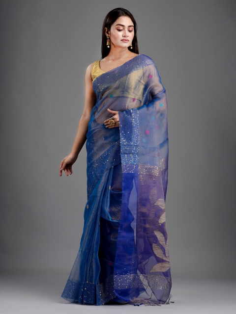 

Mitera Blue & Gold Paisley Art Silk Ready to Wear Jamdani Saree