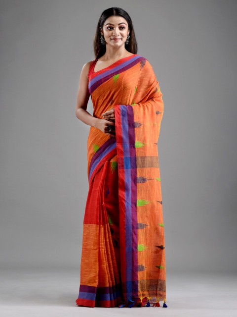 

Mitera Orange & Green Ethnic Motifs Pure Cotton Saree