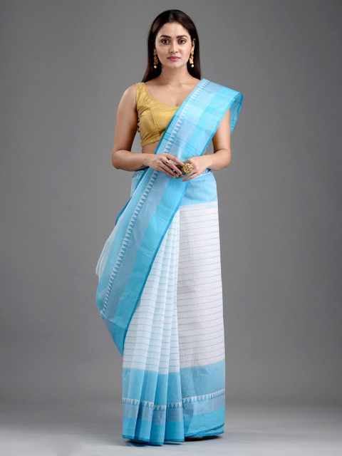 

Mitera White & Blue Striped Pure Cotton Taant Saree