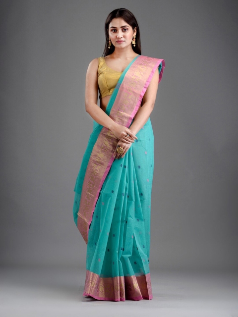

Mitera Sea Green & Pink Ethnic Motifs Zari Pure Cotton Taant Saree